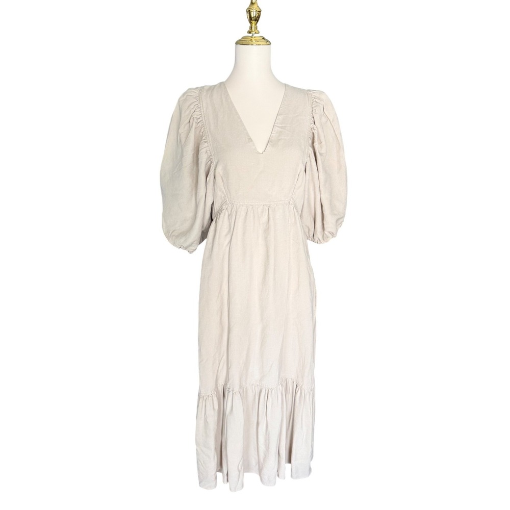 Hunter Bell Linen Blend Midi Dress M Natural Puff Sleeve V Neck Cottagecore